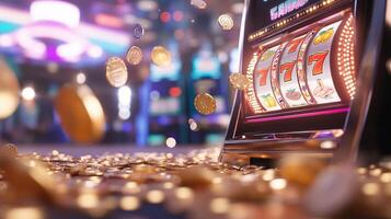 A close-up of a slot machine with coins and colorful lights. photo