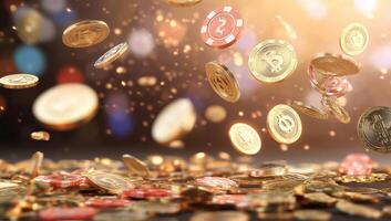 A dynamic display of falling coins and poker chips, symbolizing wealth. photo