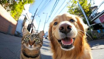 A cat and dog are looking at the camera photo