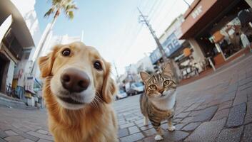 A golden retriever and a tabby cat curiously exploring a street. photo