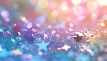 A vibrant, glittery background with colorful star shapes and bokeh. photo