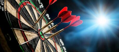 A close-up of darts hitting a dartboard, showcasing precision and focus. photo
