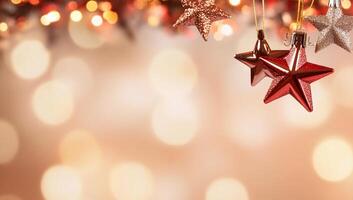 Festive holiday decorations featuring star ornaments and soft bokeh lights. photo