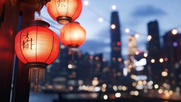 Red lanterns illuminate a city skyline at dusk, creating a festive atmosphere. photo
