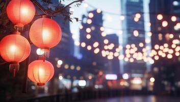 Red paper lanterns hanging from a tree in a city photo