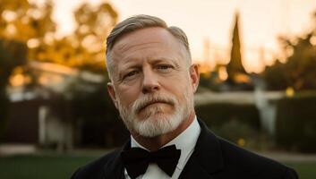 A man in a tuxedo and bow tie looking off to the side photo