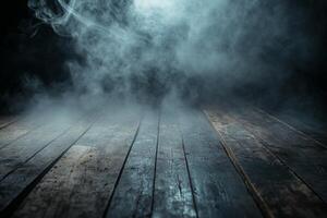 A misty atmosphere over a wooden floor, creating a mysterious ambiance. photo