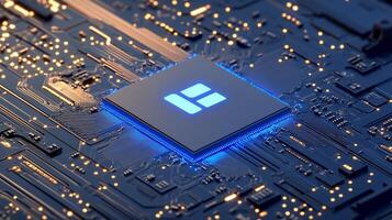 A close-up of a microprocessor on a circuit board with glowing elements. photo