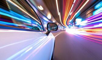 A dynamic view of a car in motion through a brightly lit tunnel. photo
