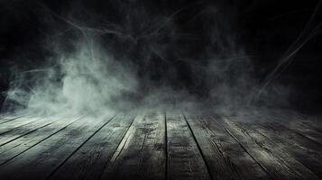 A dark, foggy scene with wooden floorboards, creating an eerie atmosphere. photo