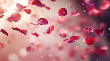A cascade of rose petals floating in a soft, dreamy background. photo