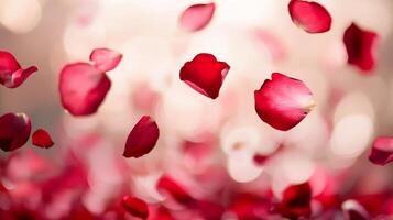 A cascade of red rose petals floating gracefully in soft light. photo