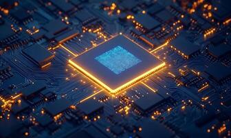 A close-up view of a microprocessor on a circuit board. photo