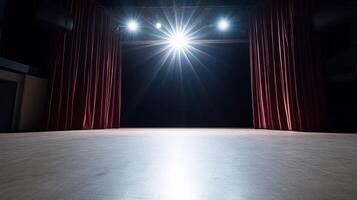A brightly lit stage with red curtains, ready for a performance. photo