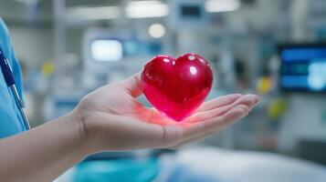 A hand holds a red heart symbolizing care and compassion in healthcare. photo