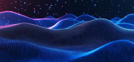 Abstract digital waves with glowing lines and particles in a dark space. photo