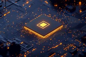 A glowing microchip on a circuit board, symbolizing technology. photo