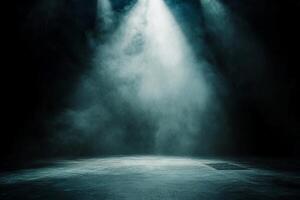 A dimly lit stage with beams of light and smoke, creating a dramatic atmosphere. photo