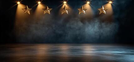 A spotlighted stage with five golden stars, creating a dramatic ambiance. photo
