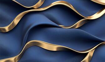 Elegant blue fabric with golden ribbon, showcasing texture and flow. photo