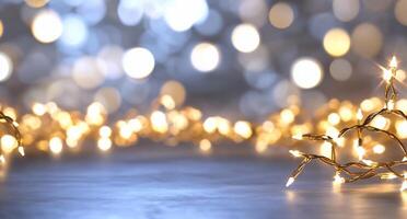 A soft-focus image of glowing string lights on a blurred background. photo