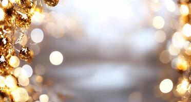 A shimmering, festive background with golden bokeh lights. photo