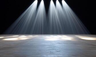 A stage illuminated by multiple spotlight beams, creating a dramatic effect. photo
