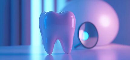 A stylized tooth model with a magnifying glass in a colorful setting. photo