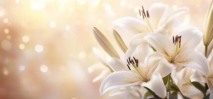 A close-up of elegant white lilies against a soft, blurred background. photo
