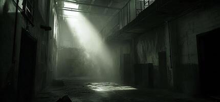 A dimly lit industrial space with beams of light and shadows. photo