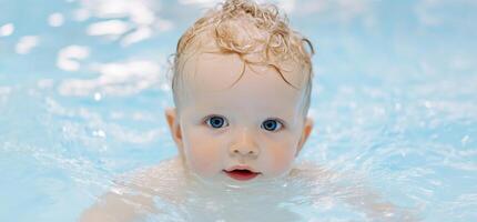A baby swimming in a pool, showcasing joy and innocence. photo