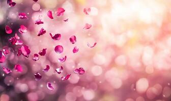 A dreamy background of floating pink petals with a soft bokeh effect. photo