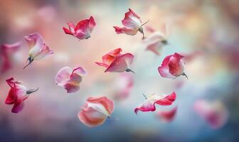 A serene display of floating flower petals against a soft background. photo