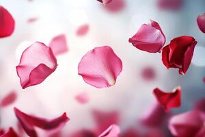 A cluster of floating pink rose petals creating a romantic atmosphere. photo