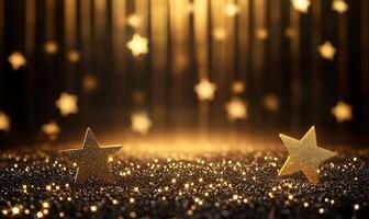 A festive scene with golden stars and sparkling background. photo