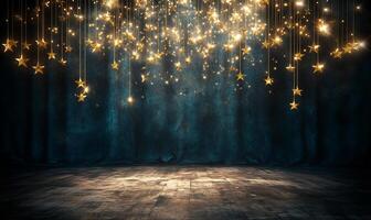 A dreamy stage with hanging stars and soft lighting for events. photo