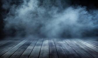 A dimly lit space with smoke and wooden flooring, creating a moody atmosphere. photo
