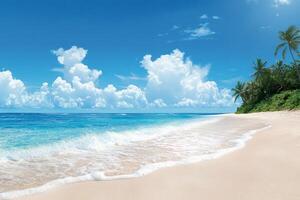 Serene beach scene with turquoise waters and lush palm trees. photo