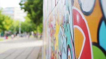 Colorful graffiti on a wall near a pathway in a vibrant urban setting. photo