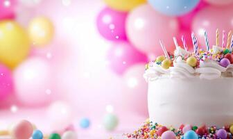 A festive cake surrounded by colorful balloons and sprinkles. photo