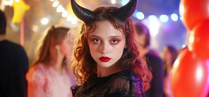 A young woman with devil horns at a festive event, surrounded by lights. photo