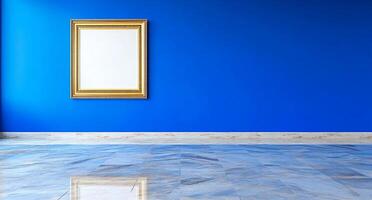 A minimalist room with a blue wall and an empty gold frame. photo