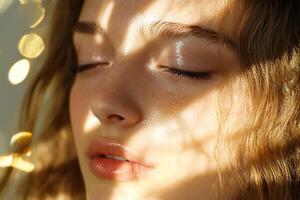 Close-up of a serene face illuminated by soft light and shadows. photo