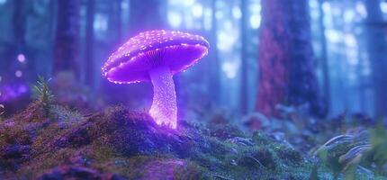 A glowing mushroom in a mystical forest setting. photo