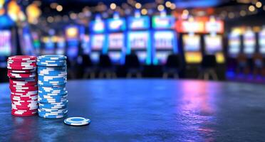 Stacks of poker chips on a casino table with slot machines in background. photo