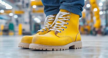 A person wearing yellow boots standing in front of a factory photo