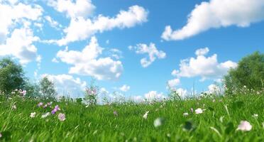 A vibrant meadow under a bright blue sky with fluffy clouds. photo