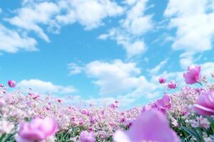 A vibrant field of pink flowers under a bright blue sky. photo