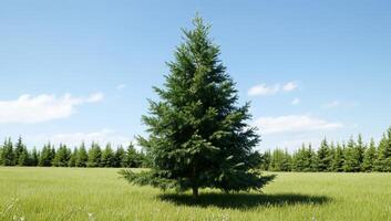 A single pine tree in a field with green grass photo