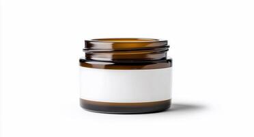 A brown glass jar with a blank label for various products. photo
